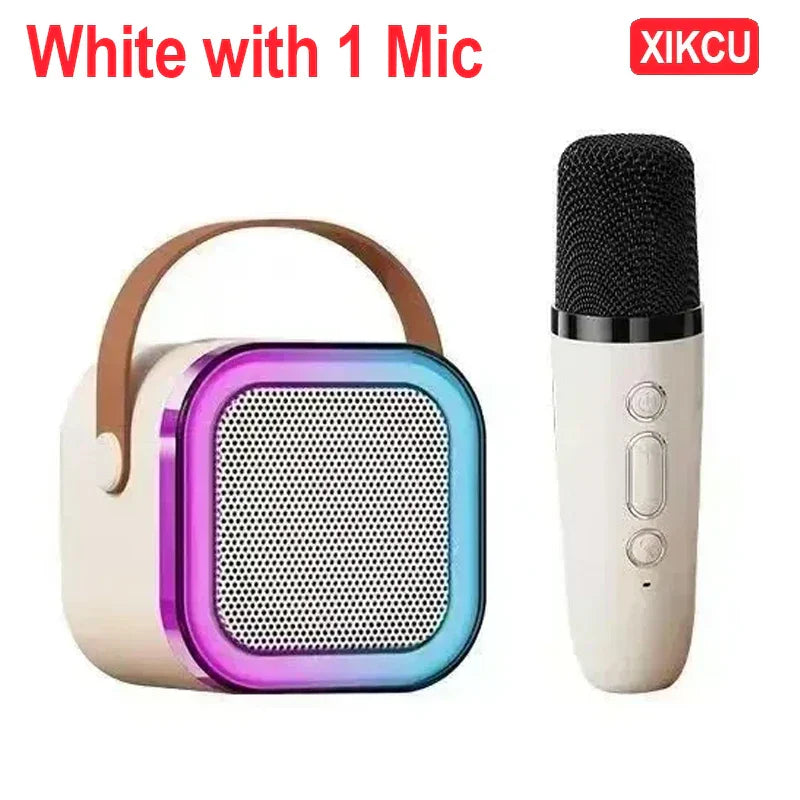 White xikcu karaoke machine with rainbow trim and brown leather handle includes wireless microphones portable and rgb lights gift speaker set