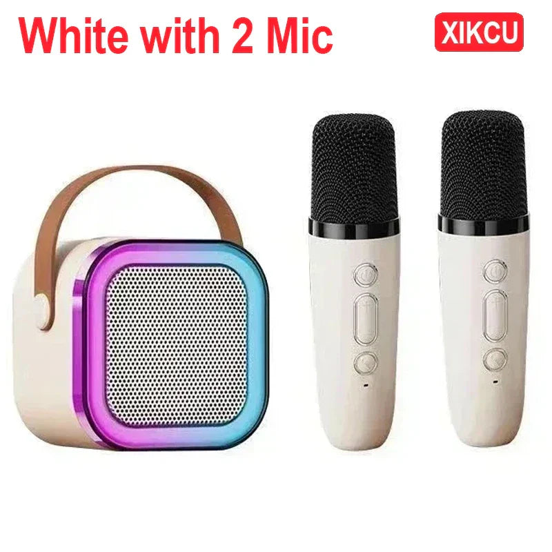 White xikcu karaoke machine with brown handle and iridescent led ring paired with two cream wireless microphones portable lights gift speaker set