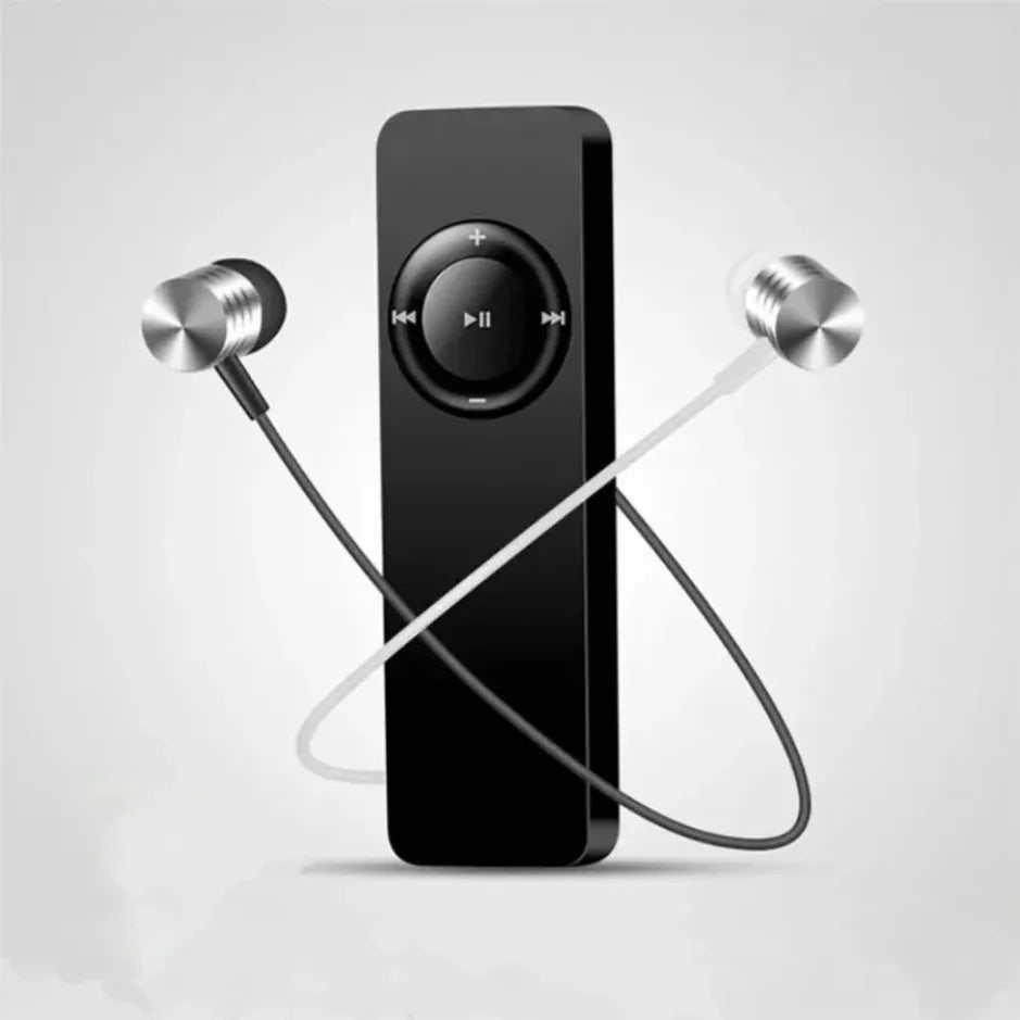 Black rectangular xikcu new mini mp3 player usb with silver in-ear headphones and micro tf card support for lossless sound music