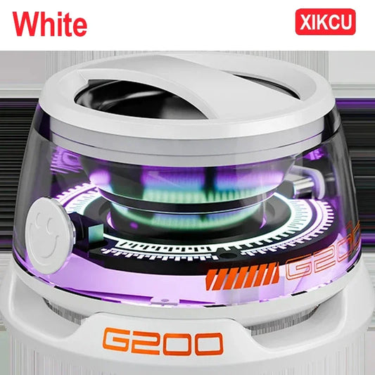 White xikcu g200 portable bluetooth speaker with transparent dome and glowing purple green rgb lighting components
