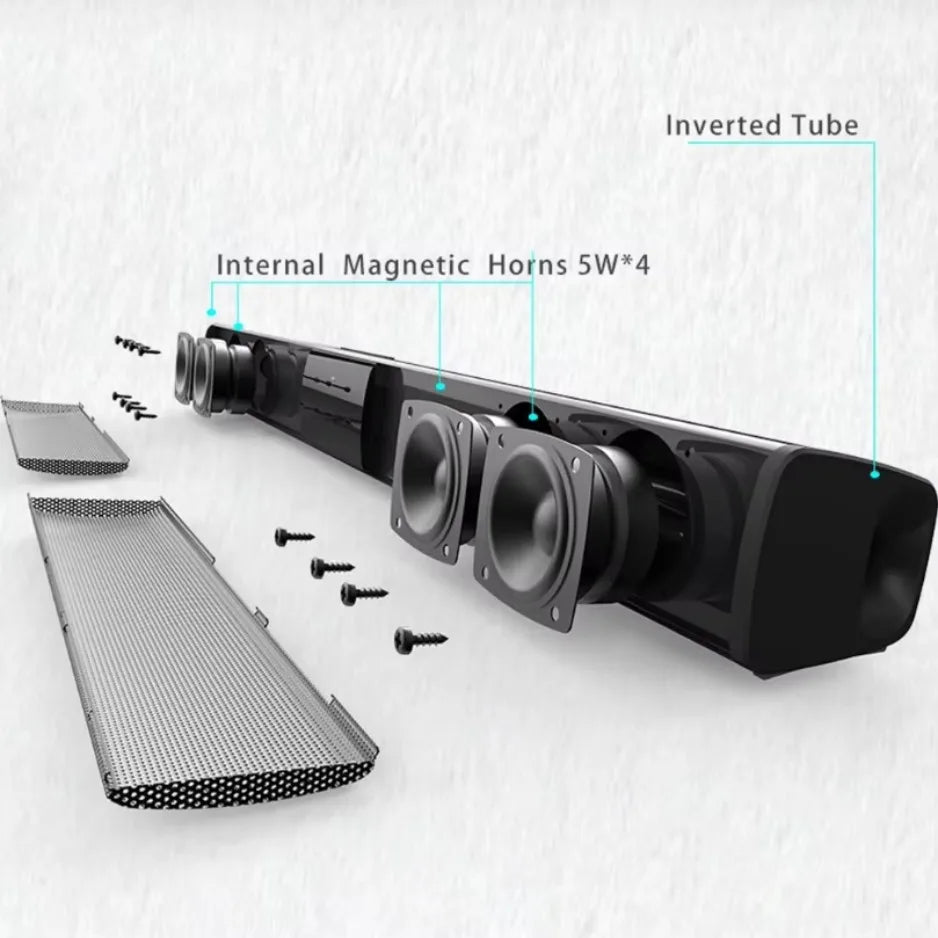 Black XIKCU soundbar speakers with internal magnetic horns and inverted tube design for stereo soundbar surround with remote control support
