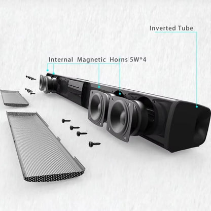 Black XIKCU soundbar speakers with internal magnetic horns and inverted tube design for stereo soundbar surround with remote control support