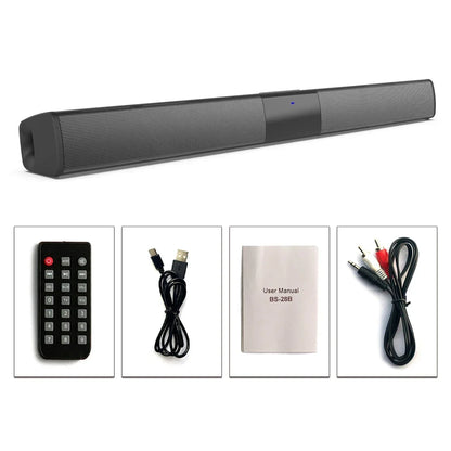 Black rectangular xircu soundbar with textured grille and blue light offering stereo soundbar surround and remote control support