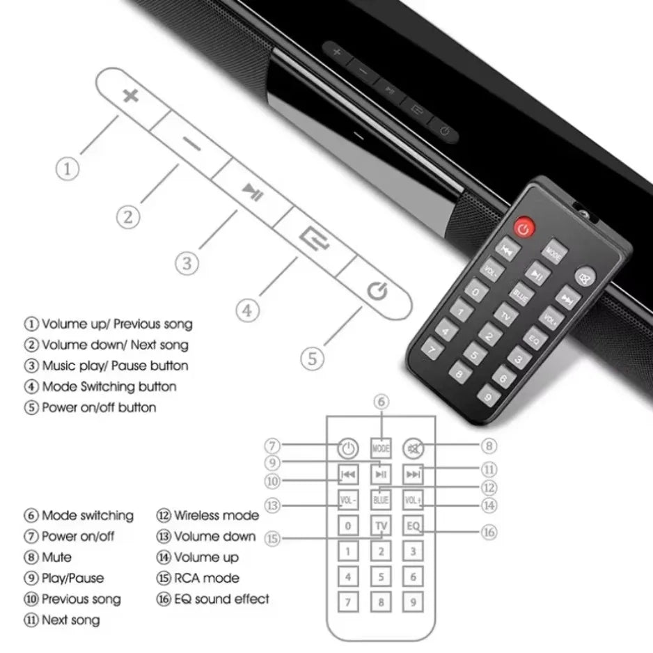 Black xikcu soundbar with sleek design, integrated control buttons, stereo soundbar surround and remote control support