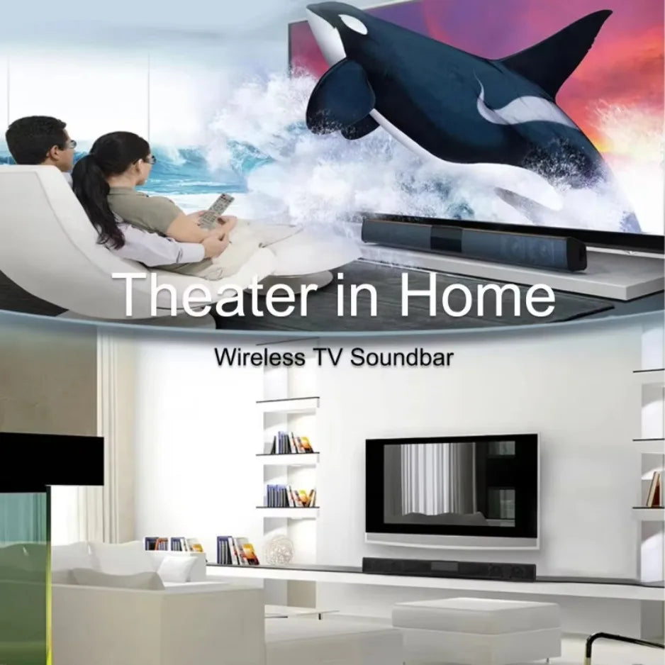 Black and white XIKCU soundbar speakers with bluetooth 5.3 stereo soundbar surround and remote control support for home cinema