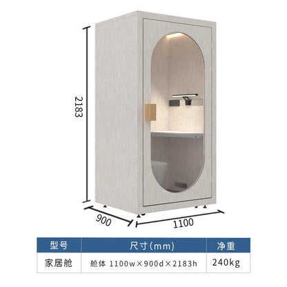 Modern light gray wooden textured mobile soundproof room with oval glass window and integrated sink for studio live stream