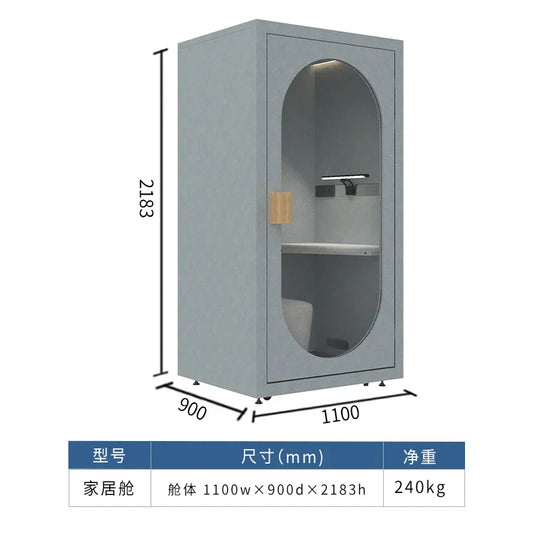 Gray mobile soundproof room with arched glass door, wooden handle, and built-in shelf for silent compartment recording studio live stream