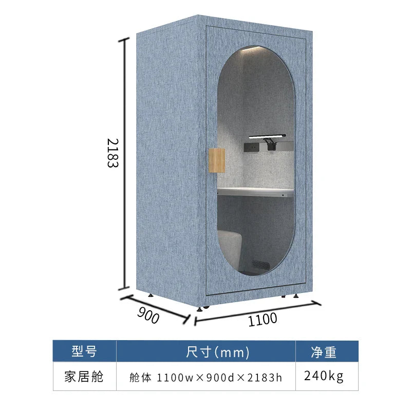 Blue textured fabric xl mobile soundproof room with arched window and built-in lighting for studio live stream and silent compartment recording
