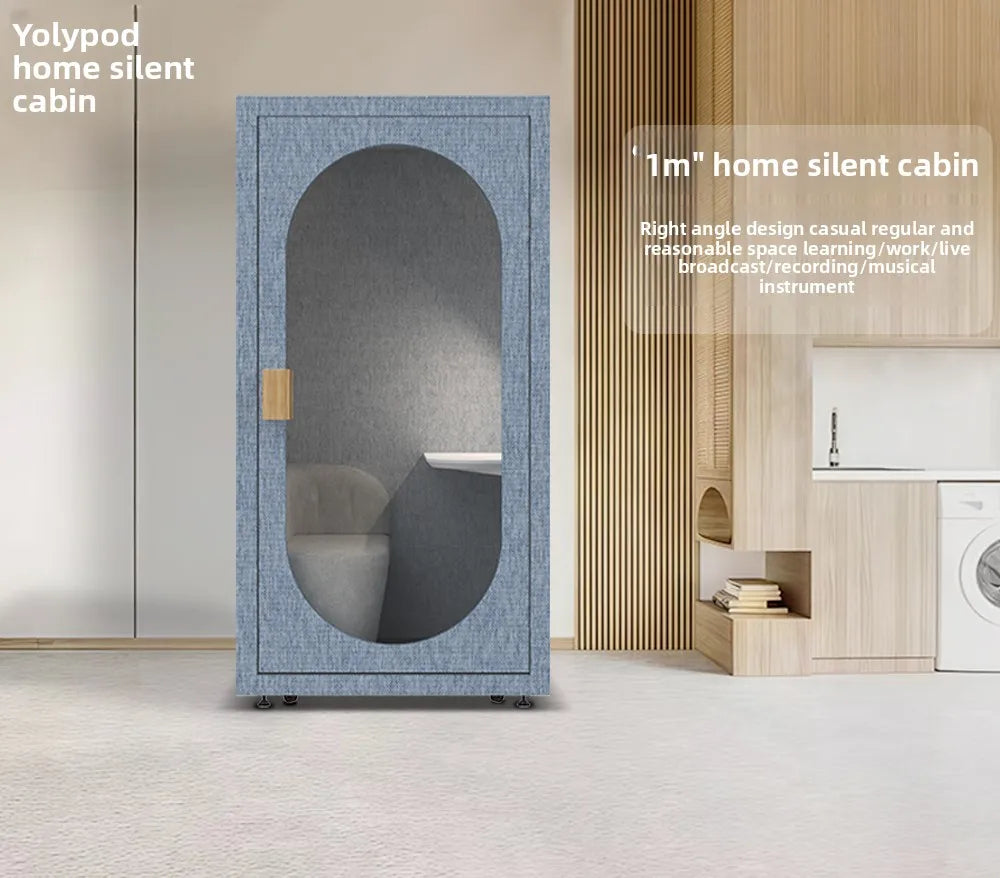Blue textured fabric xl mobile soundproof room with arched glass door and wooden handle for silent compartment recording studio live stream