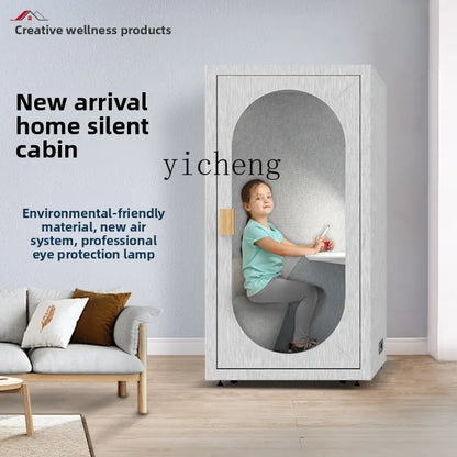 White wooden textured xl mobile soundproof room with oval window and integrated desk for silent compartment recording and studio live stream