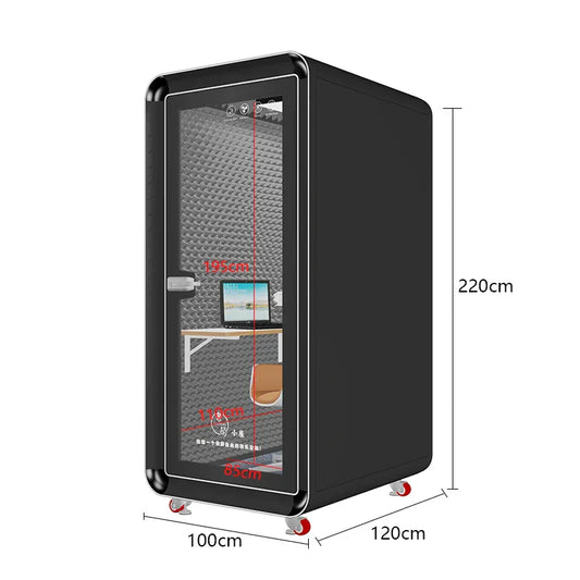 Black sleek mobile recording studio with transparent glass door and red wheels for soundproof singing practice