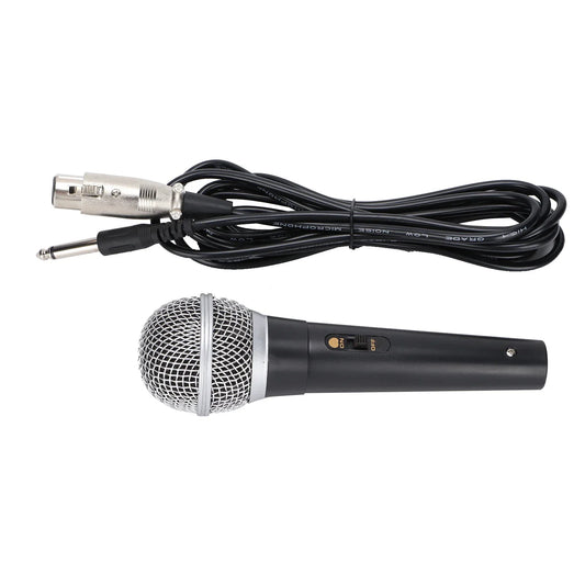 Black handheld dynamic xlr microphone with silver mesh grille and on off switch suitable for stage karaoke singing and recording