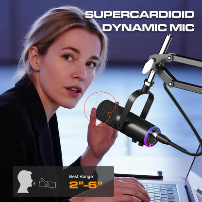 Black supercardioid dynamic podcast microphone with purple accent ring mesh grille noise cancellation and reverb effects