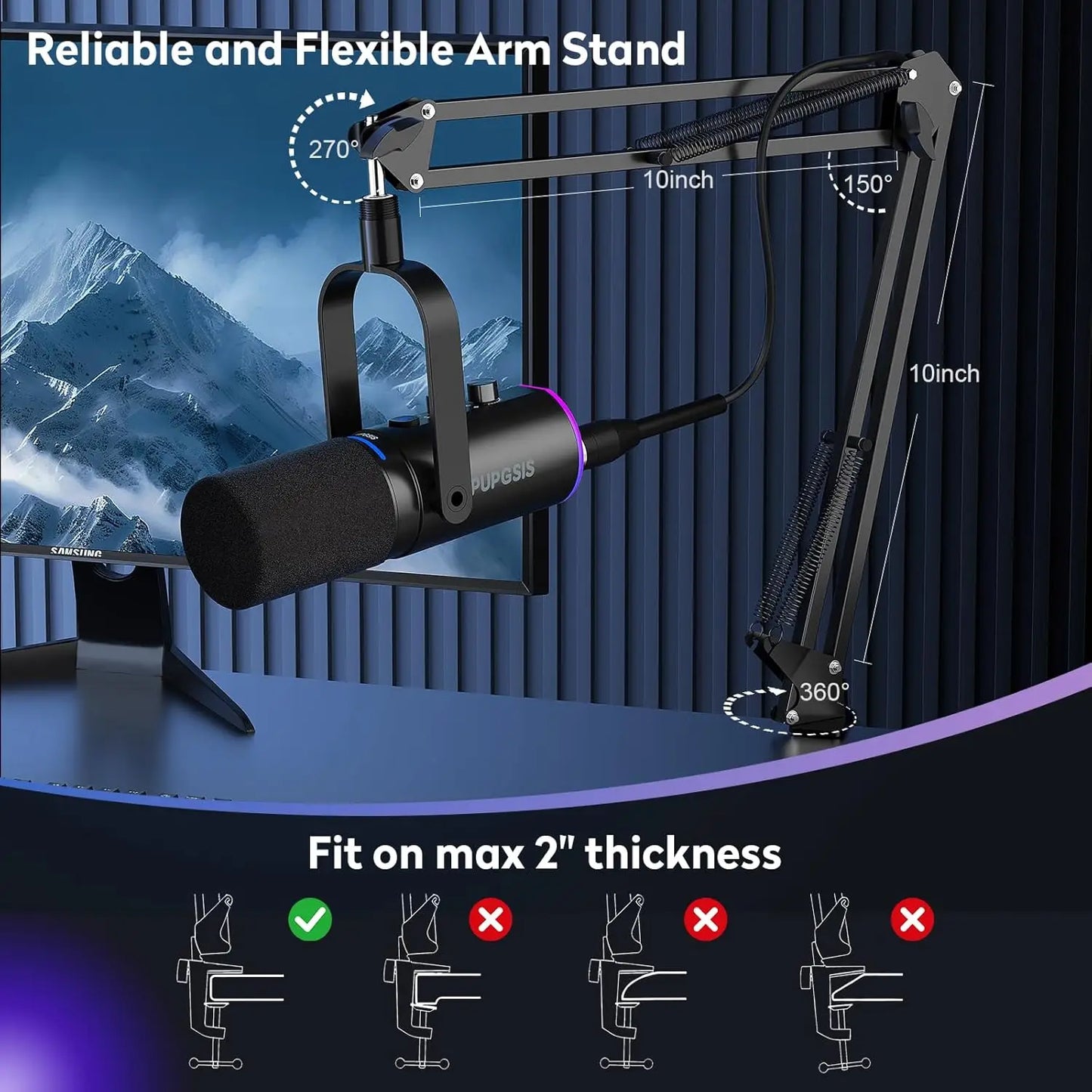 Black matte finish podcast microphone with purple led ring, noise cancellation, reverb effects, and adjustable boom arm stand