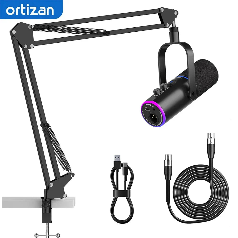 Black artisan usb podcast microphone with purple accent ring noise cancellation reverb effects and adjustable boom arm mount