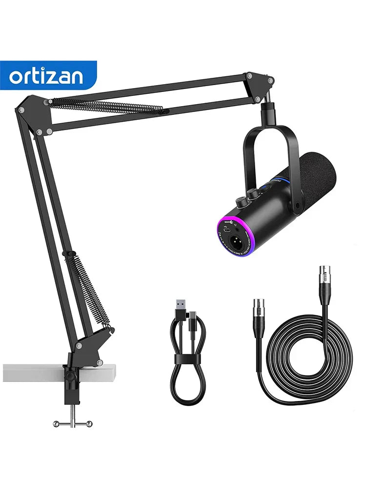 Black artisan usb condenser podcast microphone with purple accent ring noise cancellation reverb effects and boom arm mount