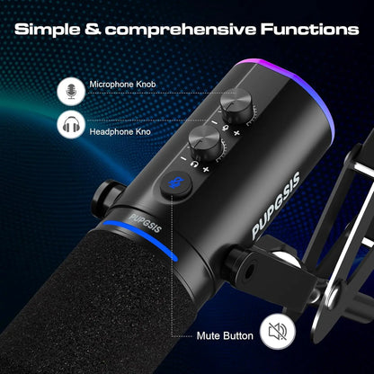 Black podcast microphone with textured foam windscreen, illuminated led accents, noise cancellation, and reverb effects