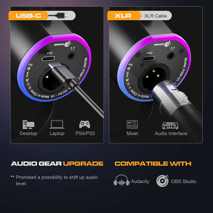 Black usb-c and xlr audio cables with purple illuminated connectors for podcast microphone featuring noise cancellation and reverb effects
