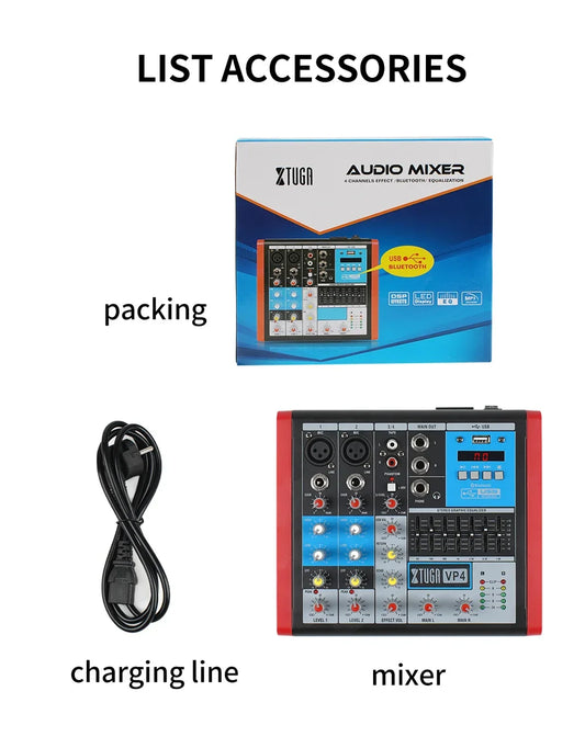 Red and black xtuga professional audio mixer with blue control panels 4 channels dj controller for stage performance recording