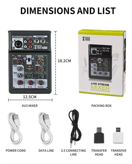 Black xtuga xu3 professional 3channel split recording audio interface with red and white knobs and silver buttons for studio use