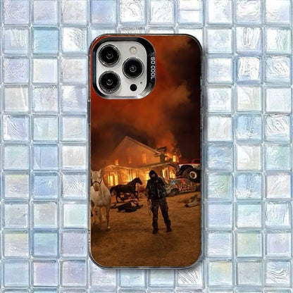 Back of a black and orange y-yeat rapper dangerous summer shockproof matte cover phone case for iphone 13 pro max with burning house scene