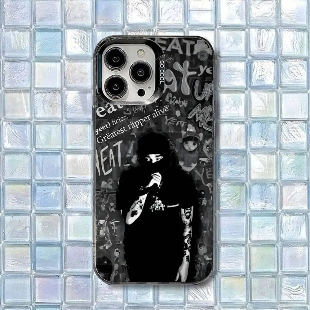 Black and white y-yeat rapper dangerous summer shockproof matte cover phone case featuring tattooed rapper and graffiti text