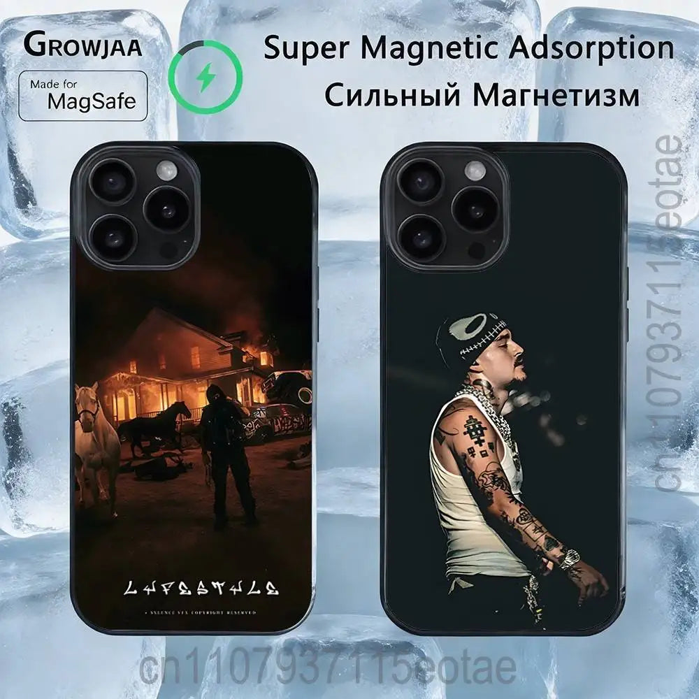 Black protective magnetic case for iphone pro max plus featuring rapper lyfestyle graphic designs on back side