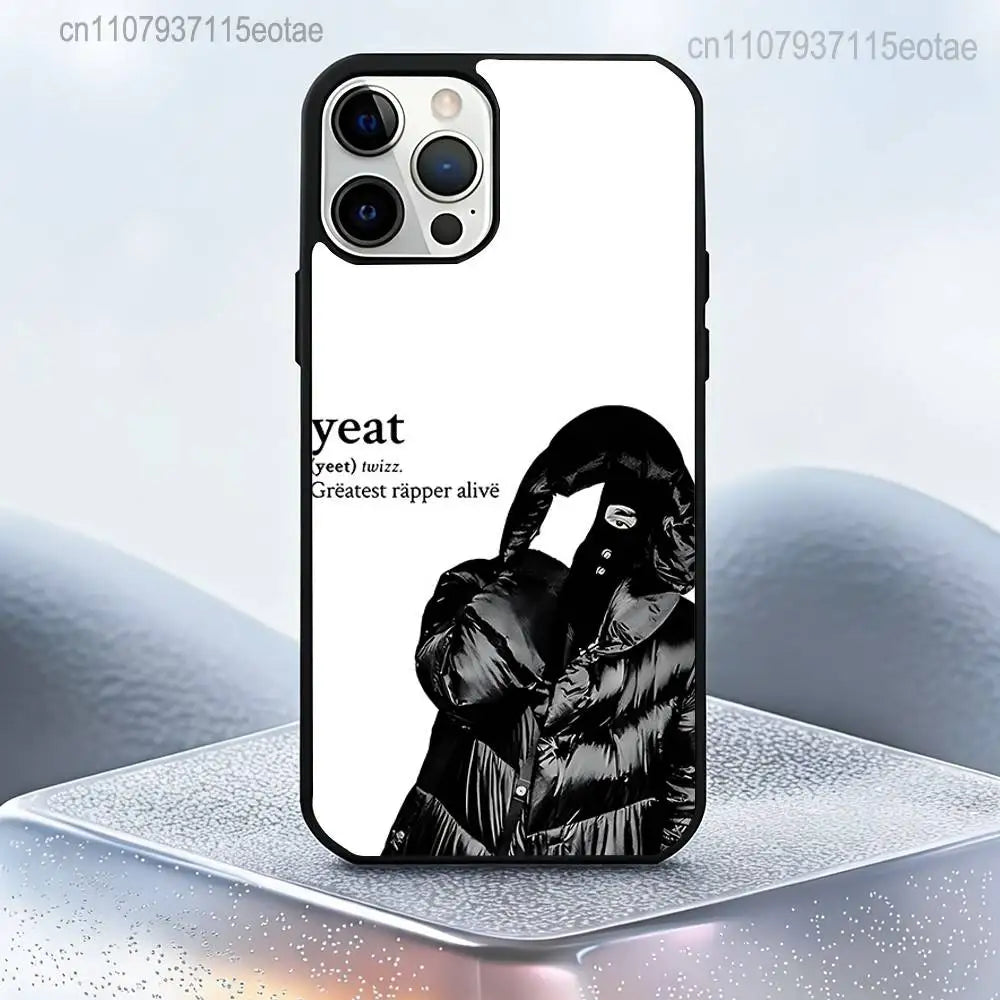 Black and white protective magnetic case showing rapper yeat in a puffer jacket for iPhone pro max plus models back side