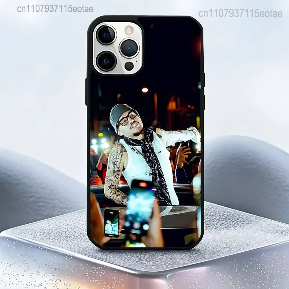 Black protective magnetic case featuring rapper lyfestyle tattooed man in glasses and beanie for iPhone pro max plus back side