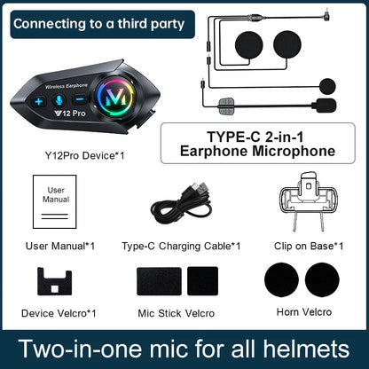 Black y12pro wireless earphone with glowing rainbow logo and control buttons featuring pro dual mic for waterproof music player and motorcycle helmet intercom