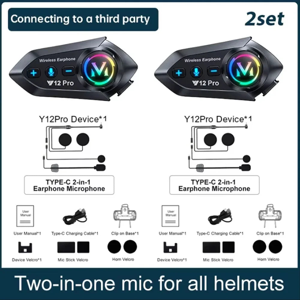 Black y12 pro dual mic wireless earphones with glowing rainbow logo and tactile controls for motorcycle helmet intercom waterproof music player