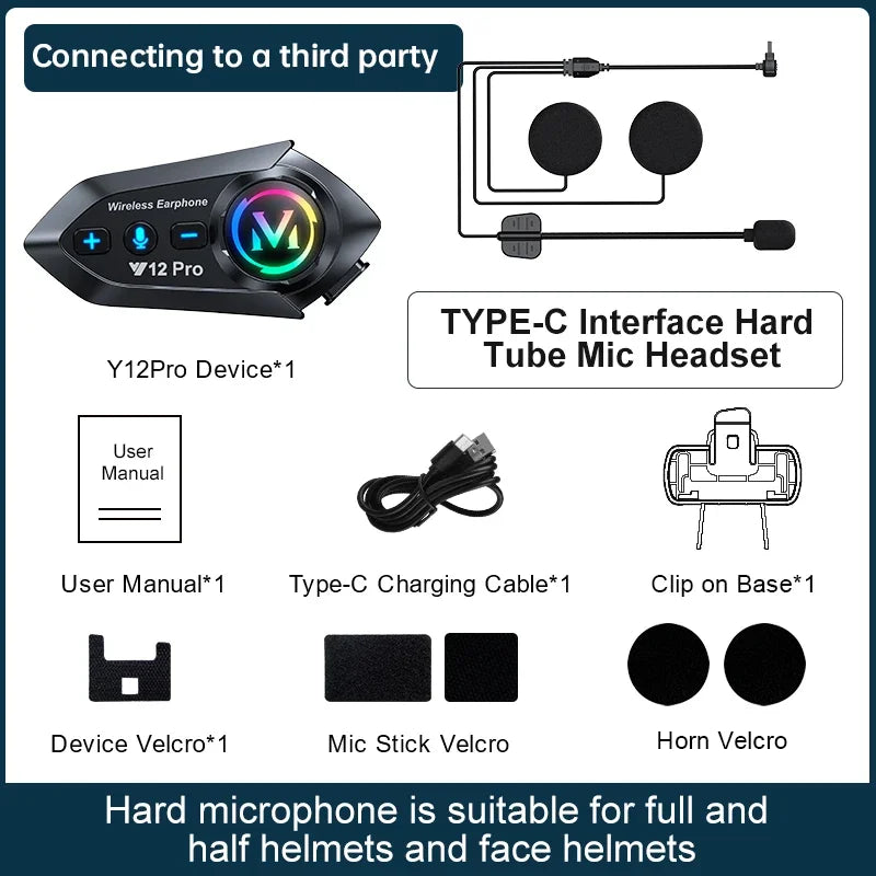 Black y12pro wireless earphone with glowing rainbow logo and control buttons for motorcycle helmet intercom pro dual mic