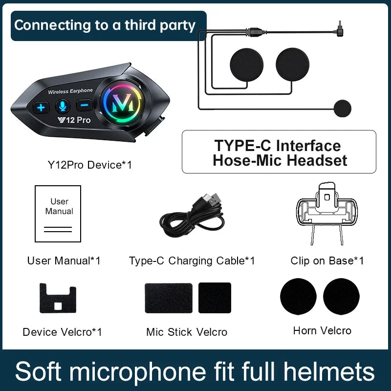 Black y12pro wireless earphone with glowing rainbow logo and control buttons for pro dual mic motorcycle helmet intercom waterproof music player