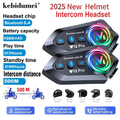 Black wireless pro dual mic motorcycle helmet intercom headset with colorful led lights v12 pro waterproof music player
