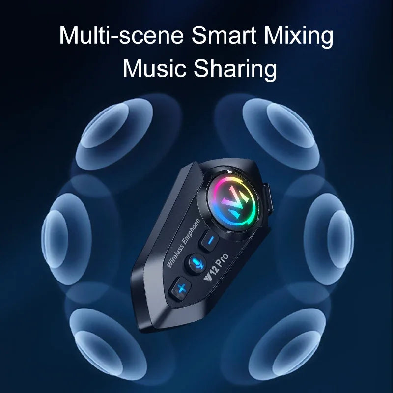 Black v12 pro motorcycle helmet intercom adapter with rgb-lit control button and tactile volume buttons for waterproof music player pro dual mic use