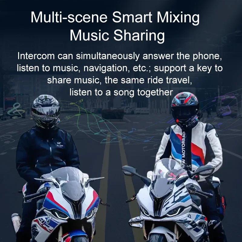 Two white blue and red bmw motorcycles with sleek design paired with y12 pro dual mic waterproof music player helmet intercom