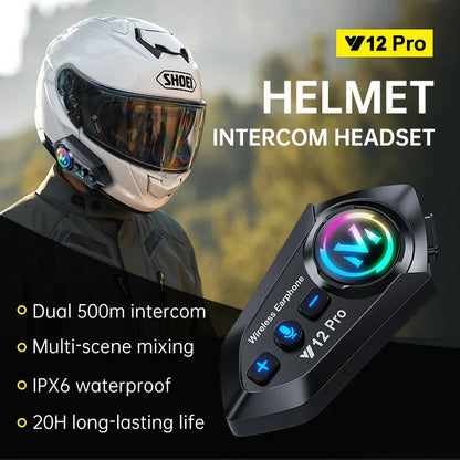 White Shoei motorcycle helmet with integrated v12 pro dual mic intercom headset and waterproof music player features