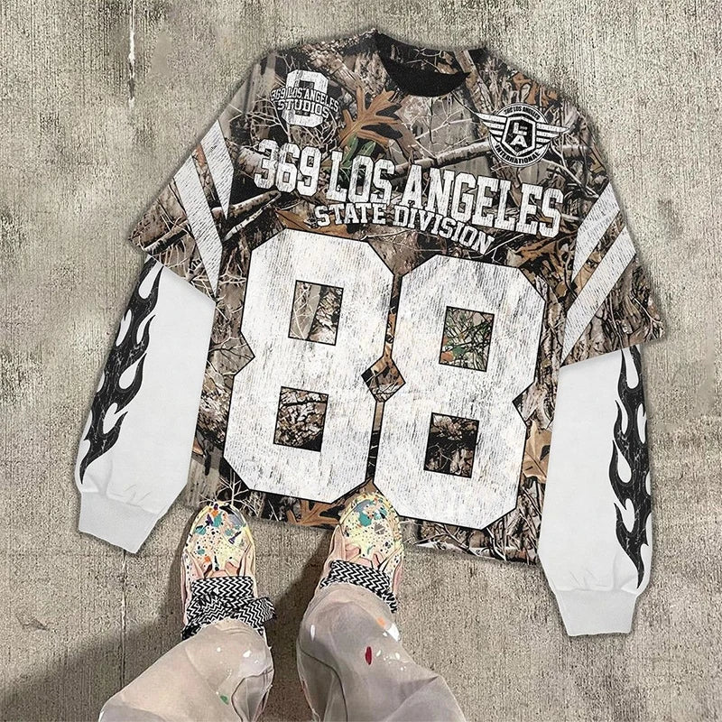 Camouflage long-sleeve sweatshirt with white distressed 88 number and flame graphics on sleeves for casual hip hop fashion