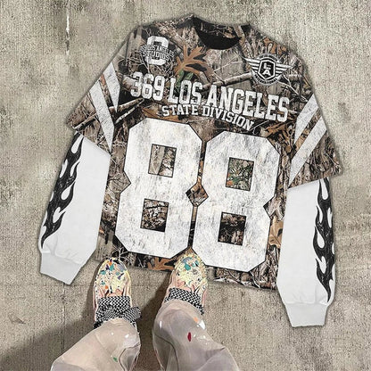 Camouflage long sleeve sweatshirt with white distressed 88 number and flame graphics on sleeves casual hip hop style