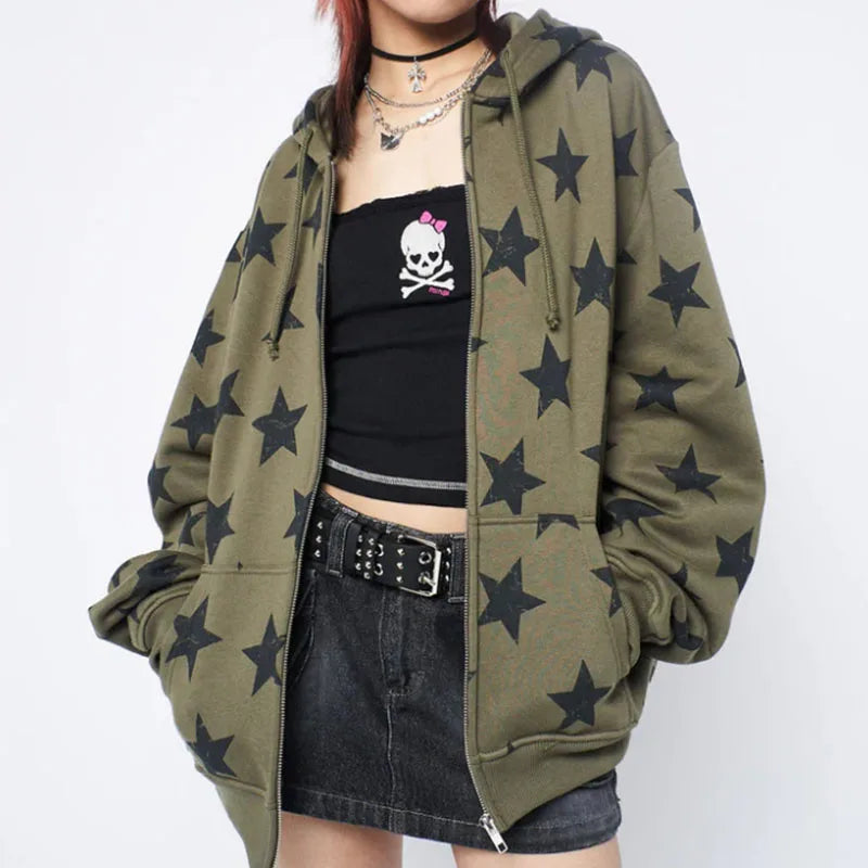 Olive green star-patterned y2k clothes vintage sweatshirt jacket harajuku goth long sleeve zip-up hoodie for women