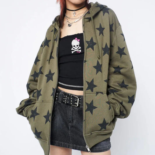 Olive green star-patterned y2k clothes vintage sweatshirt jacket harajuku goth long sleeve zip-up hoodie for women