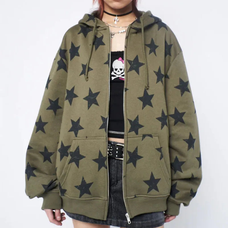 Olive green y2k clothes vintage zip-up hoodie with black star pattern sweatshirt jacket harajuku goth long sleeve