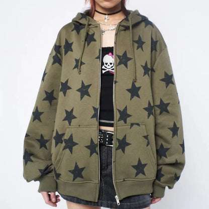 Olive green y2k clothes vintage zip-up hoodie with black star pattern sweatshirt jacket harajuku goth long sleeve