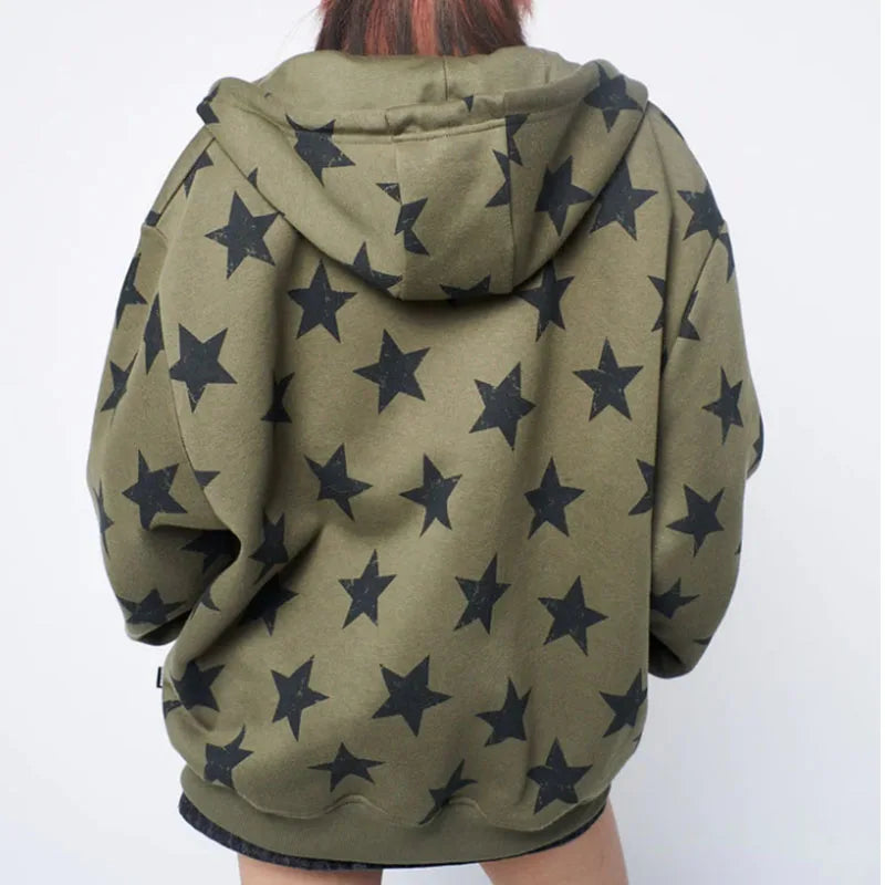Olive green y2k clothes vintage sweatshirt jacket harajuku with black star pattern goth long sleeve oversized design
