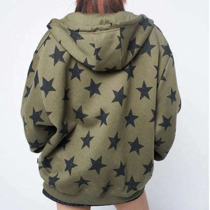 Olive green y2k clothes vintage sweatshirt jacket harajuku with black star pattern goth long sleeve oversized design