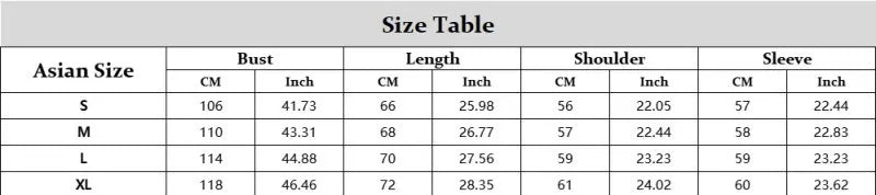 Size chart for y2k clothes vintage sweatshirt jacket harajuku goth long sleeve with bust length shoulder and sleeve measurements