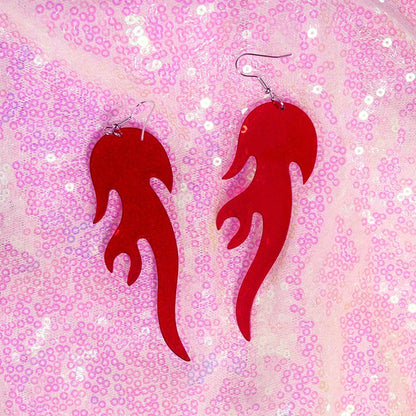Vibrant red y2k earrings with cute flame snake design, glossy finish, and silver fishhook clasps inspired by lightning queen alien style