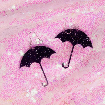 Black glitter umbrella-shaped y2k earrings with silver hooks from the lightning queen alien cute flame snake set