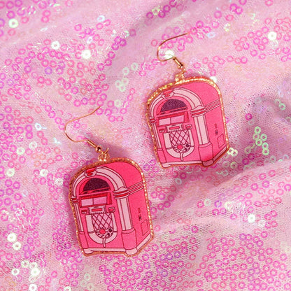 Pink and white vintage jukebox-shaped y2k earrings with gold-toned hooks from cute flame snake lightning queen alien set