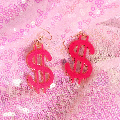 Bright pink dollar sign y2k earrings with gold-toned hooks from cute flame snake lightning queen alien set